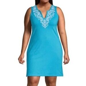 Lands End Cotton Jersey Sleeveless Swim Cover-up Dress Pockets Teal Plus Size 1X
